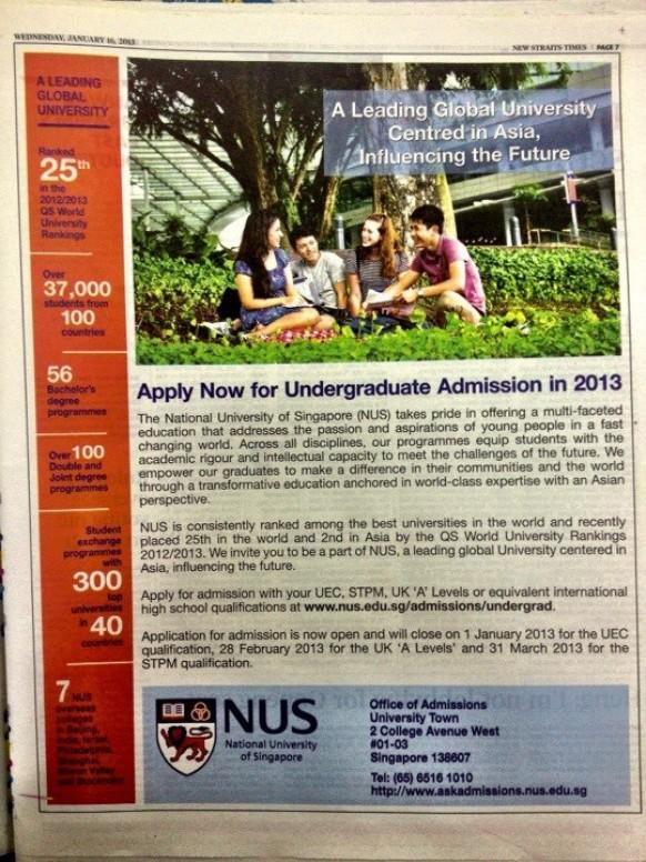 Admission to NUS for 2013 is Open