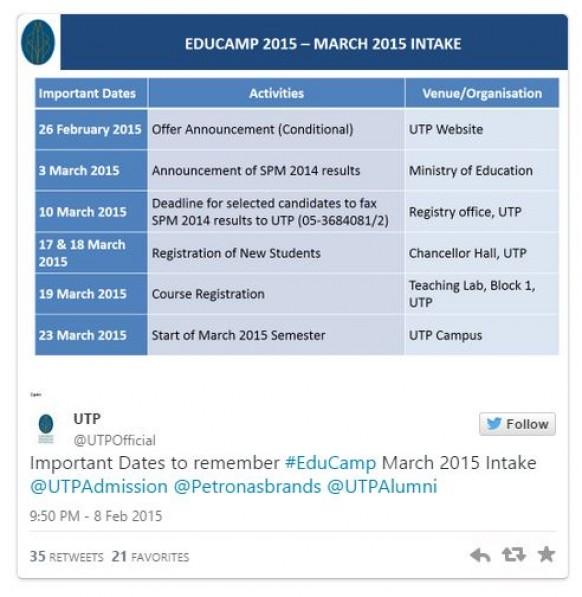 Important dates to remember for UTP Educamp March 2015 intake
